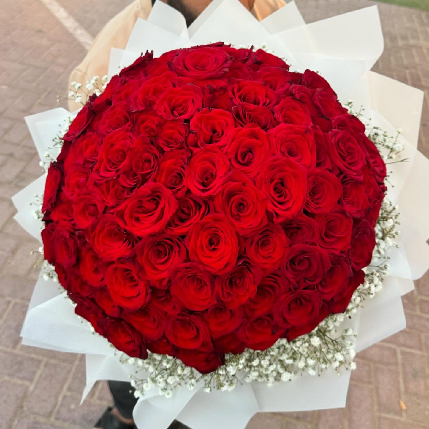100 Red Roses with Gypsophila Our #1 Top-Selling Bouquet | Same-Day Delivery Dubai