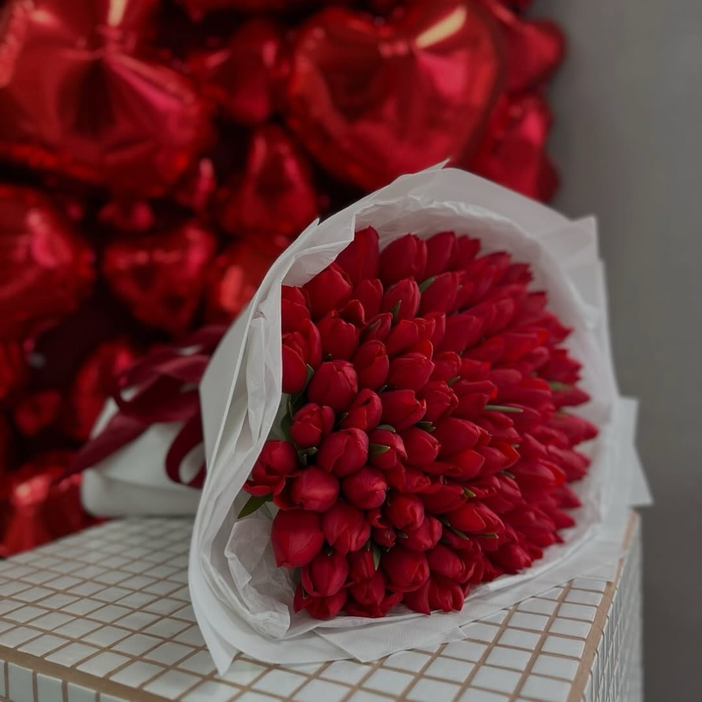 101 Red Tulips with 50 Heart Balloons Romantic