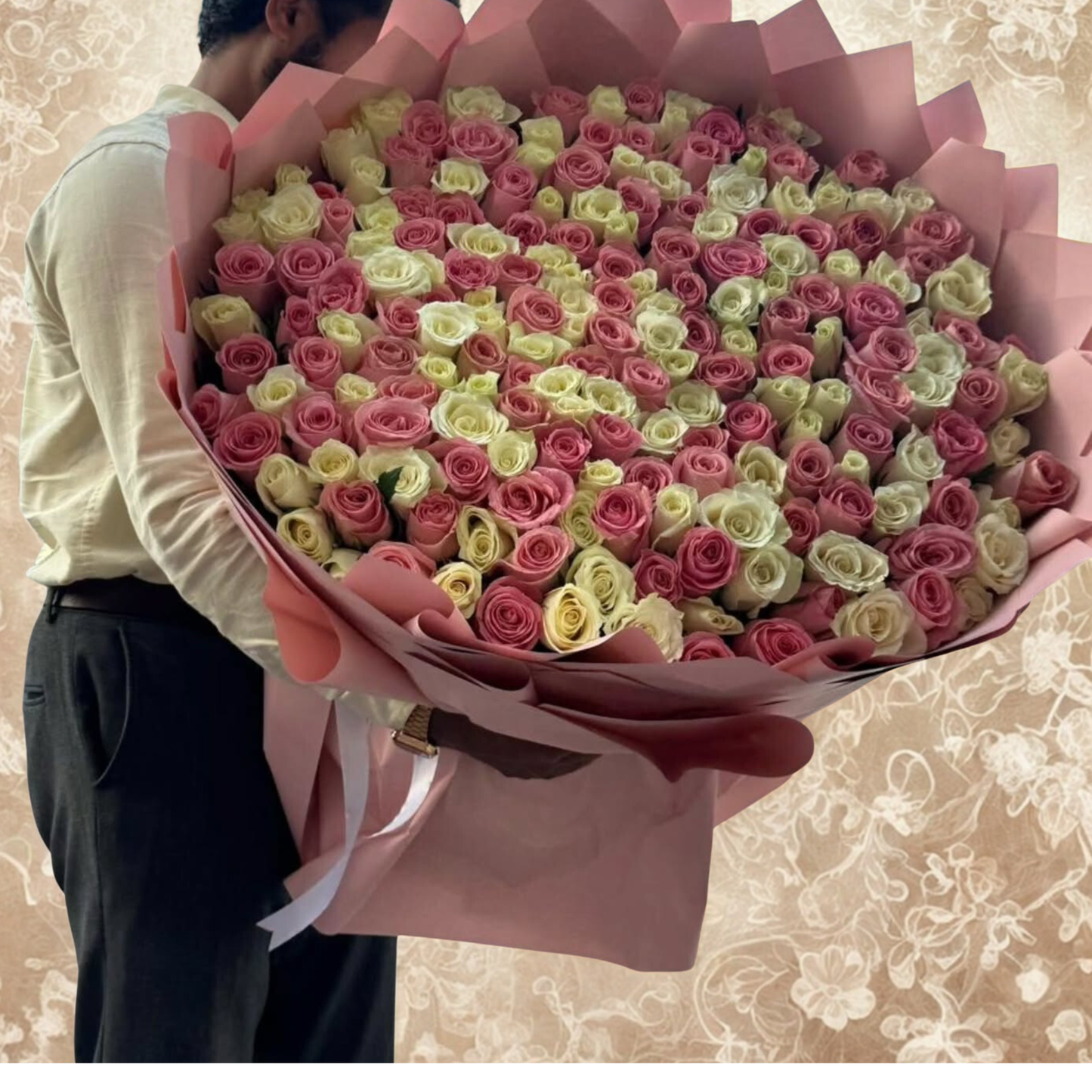 Close-up of premium pink and white long stem rose heads in a 200-rose grand bouquet, Dubai