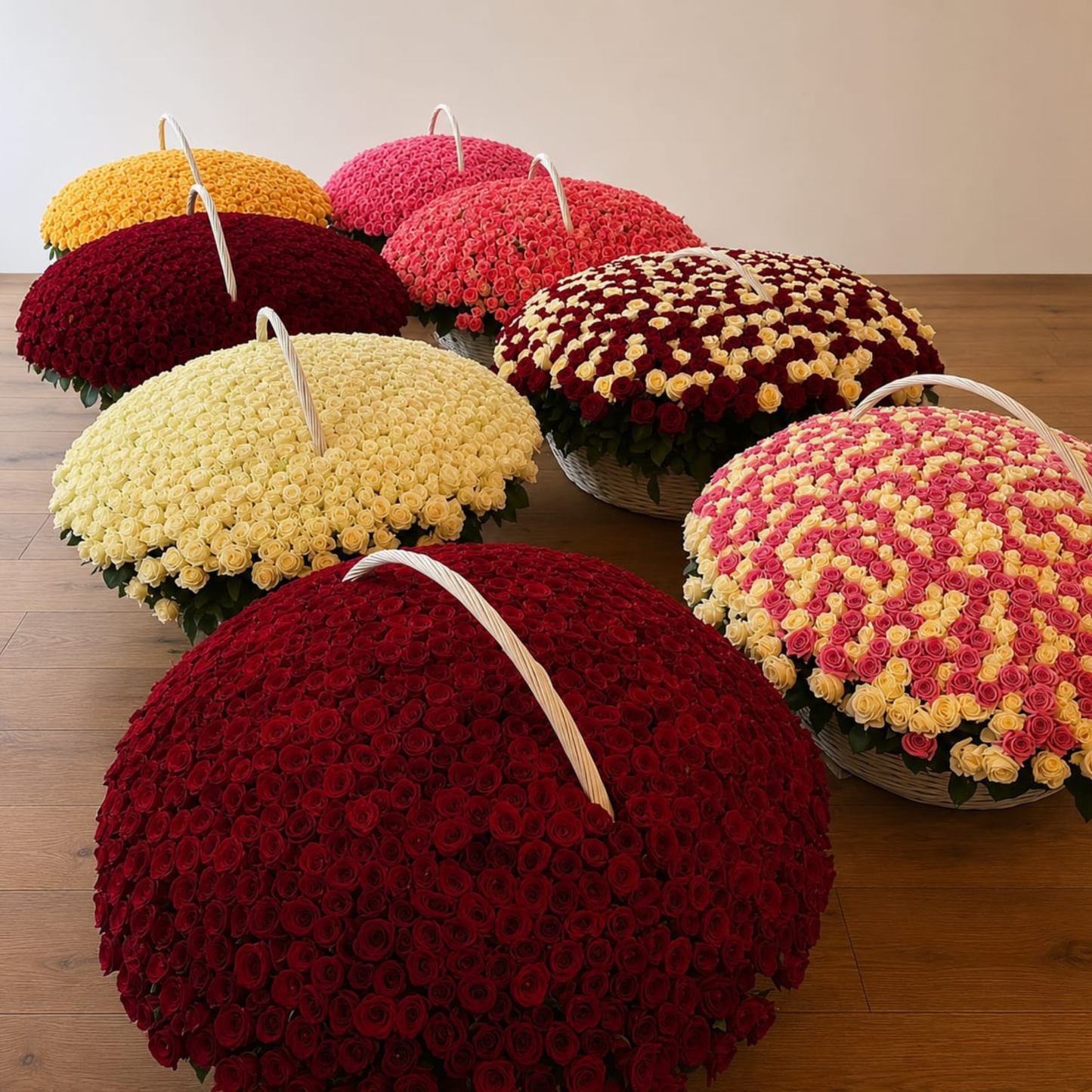 4,000 Red Roses – 8 Luxury Baskets (500 Each) | The Most Spectacular Floral Installation in Dubai