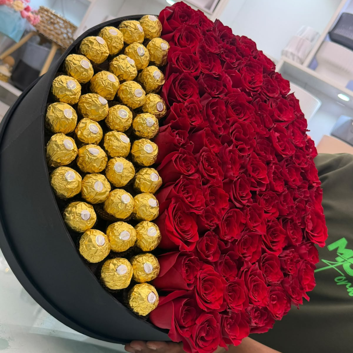 75 Roses with Ferrero Rocher in Black Box (Large)