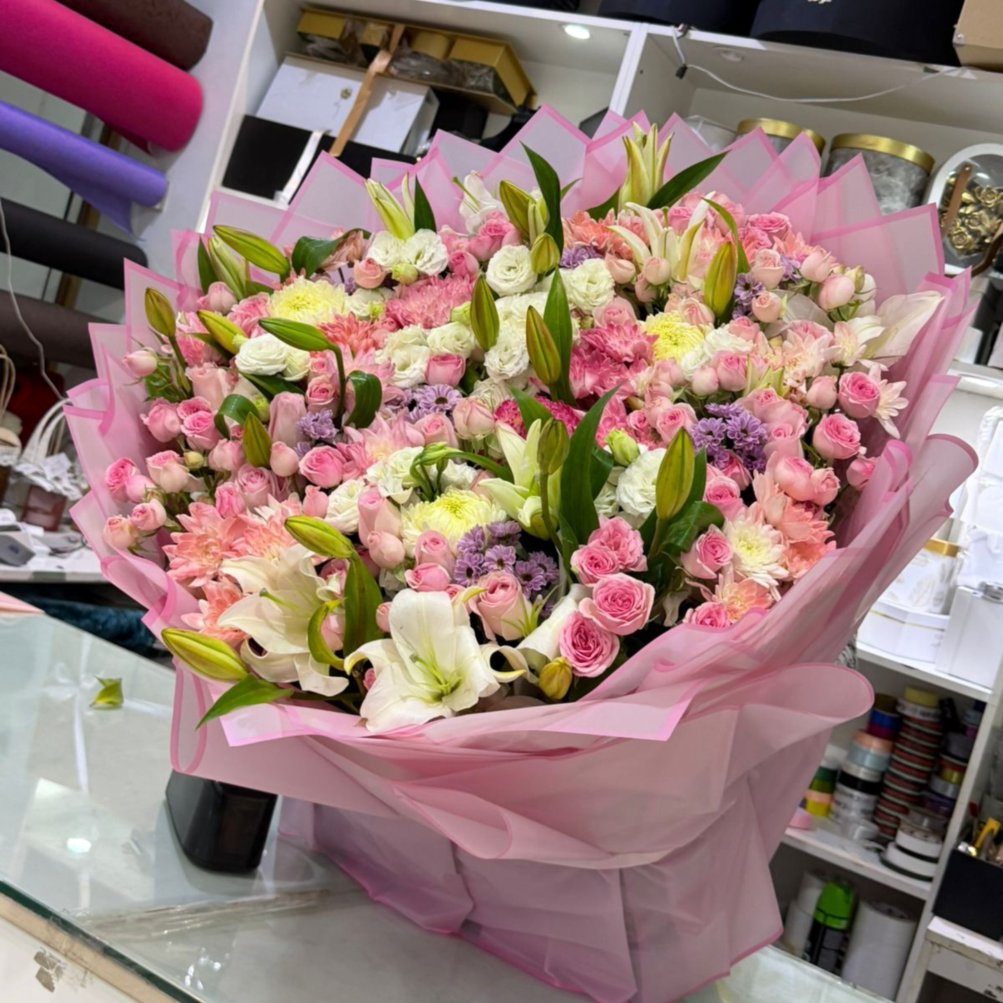 Large Mixed Flower Bouquet with Lilies Baby Roses and Carnations
