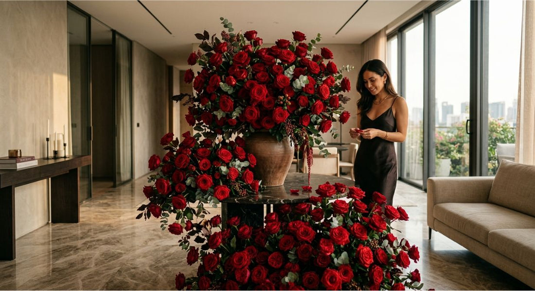 A grand bouquet of 400 red roses arranged for a luxury romantic gesture in Dubai