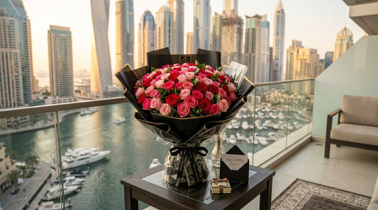Premium birthday flower bouquet with 100 pink and white roses in luxury wrapping, prepared for same-day delivery in Dubai with the Dubai Marina skyline in the background.