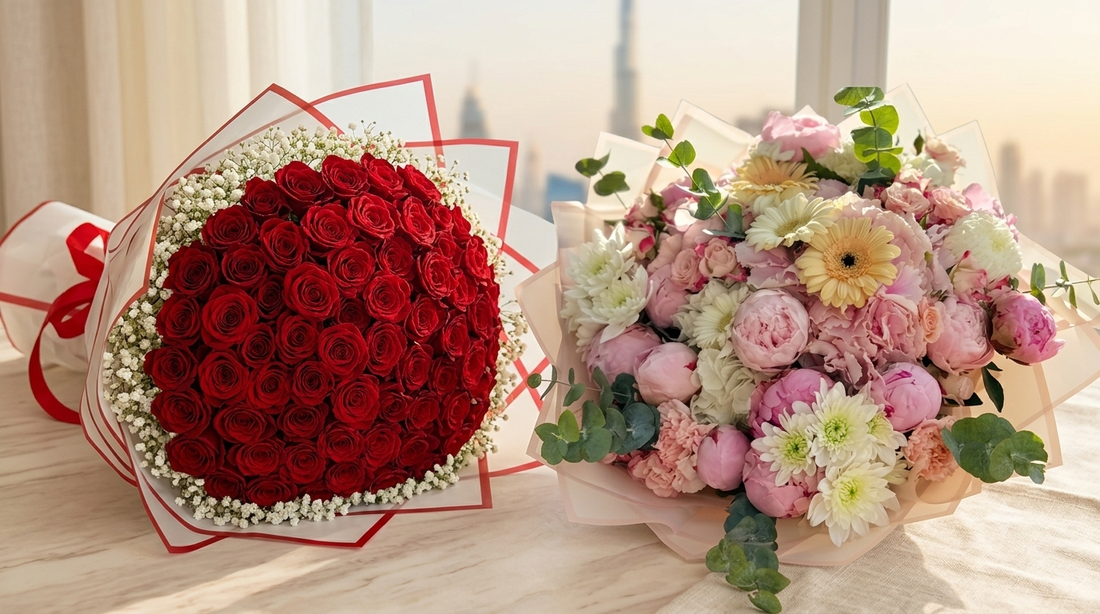 100 red roses with gypsophila and a mixed pastel flower arrangement for congratulations flowers Dubai, same-day bouquet delivery by Flowerdxb
