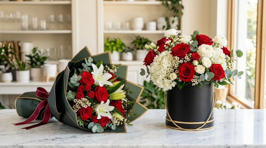 Flower box vs bouquet comparison luxury rose box and wrapped bouquet side by side by Flowerdxb Dubai