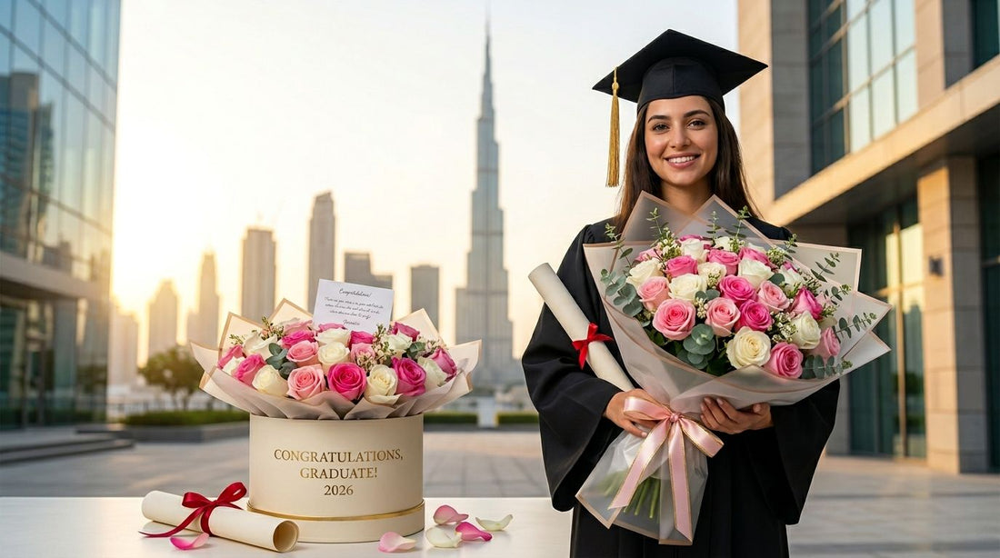 Graduation flowers Dubai featuring a graduate holding a premium pink and white rose bouquet and personalized flower box with Dubai skyline in the background, celebrating a university graduation ceremony.