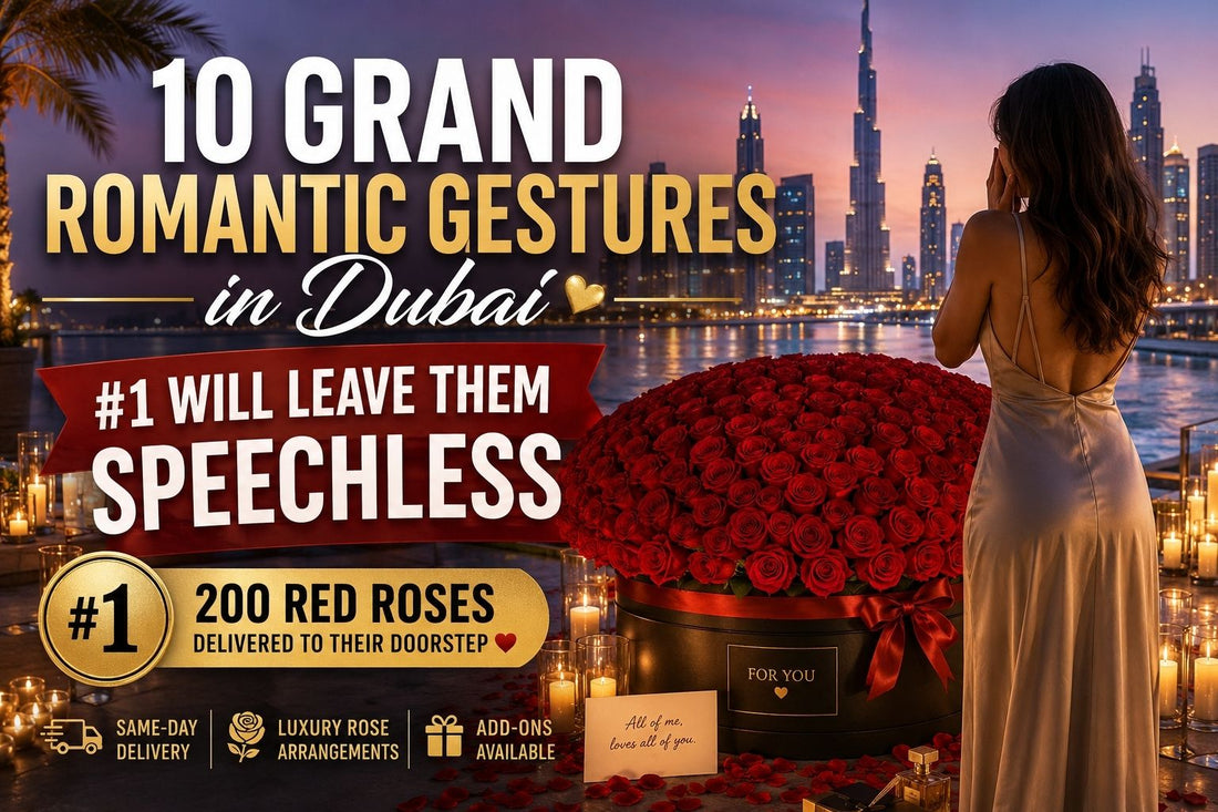 High-end romantic moment in Dubai featuring luxury bouquet and intimate proposal-style setup