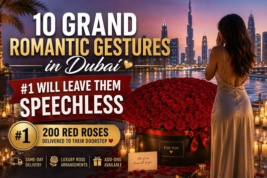 High-end romantic moment in Dubai featuring luxury bouquet and intimate proposal-style setup