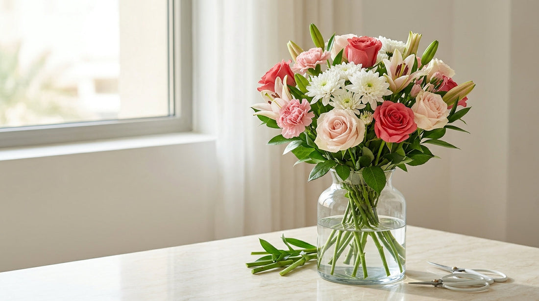 Fresh roses carnations and chrysanthemums in a vase with cool water and proper flower care in Dubai