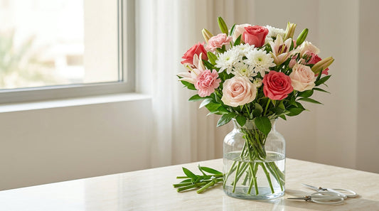 Fresh roses carnations and chrysanthemums in a vase with cool water and proper flower care in Dubai