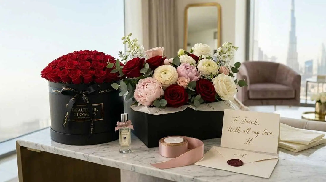 A luxurious flower gift box being carefully customized by a florist's hands, selecting premium roses and flowers, tying a satin ribbon, placing a handwritten card into the box. Elegant black and ivory flower boxes surrounded by fresh blooms.