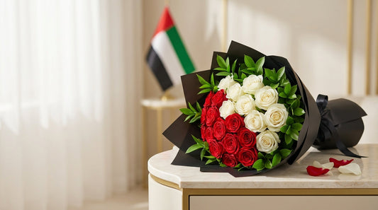Red and white roses with green foliage and black wrapping for UAE National Day 2026