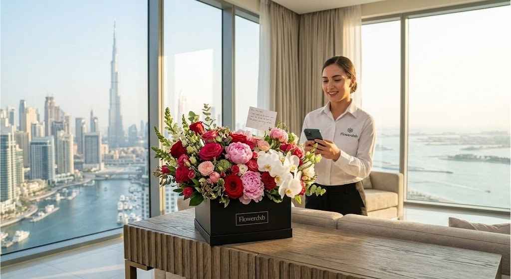 A luxury black flower box filled with fresh red roses, pink peonies, and white orchids on a table inside a high-end Dubai apartment, featuring a scenic view of the Downtown Dubai skyline and Burj Khalifa through the window.