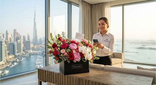 A luxury black flower box filled with fresh red roses, pink peonies, and white orchids on a table inside a high-end Dubai apartment, featuring a scenic view of the Downtown Dubai skyline and Burj Khalifa through the window.