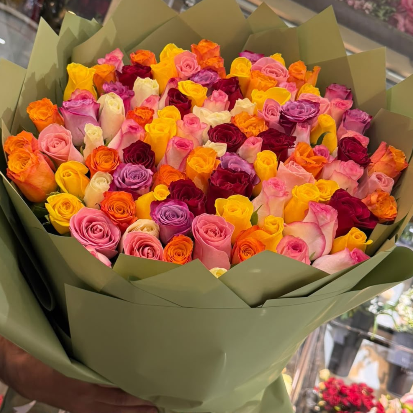 100 Mixed Color Roses Bouquet Dubai | Luxury Rainbow Rose Arrangement