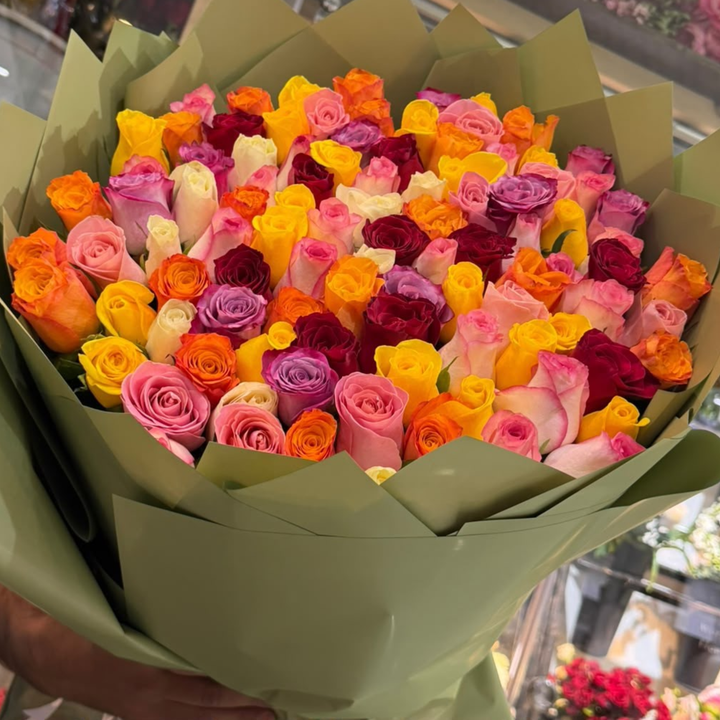 100 Mixed Color Roses Bouquet Dubai | Luxury Rainbow Rose Arrangement