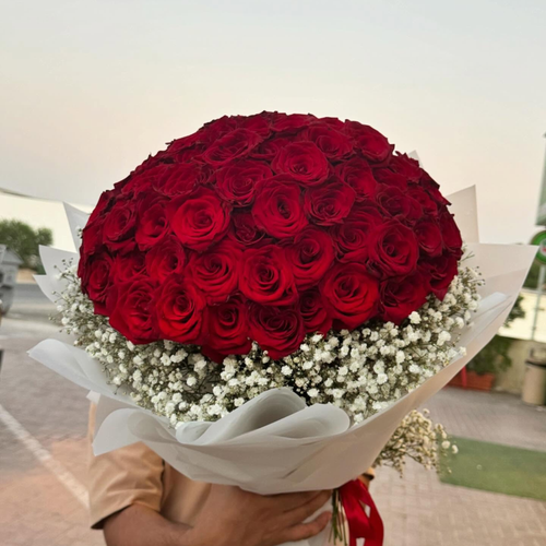100 Red Roses Bouquet with Gypsophilia