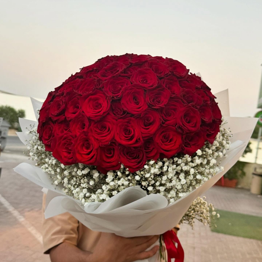 100 Red Roses Bouquet with Gypsophilia