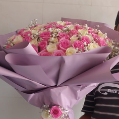 100 White & Pink Roses with Gypsophila Romantic Luxury Bouquet Dubai