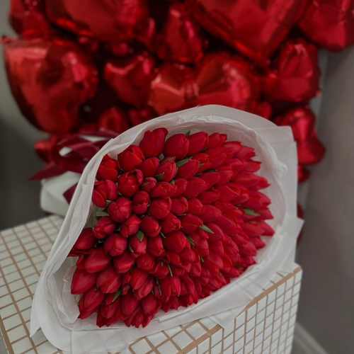 101 Red Tulips with 50 Heart Balloons Romantic