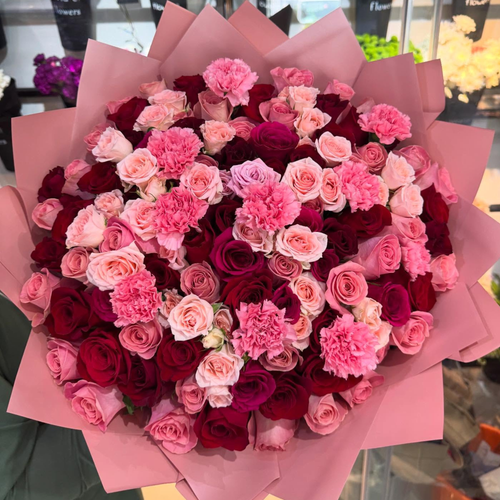 101 Stem Red, Pink Roses & Pink Carnation Bouquet