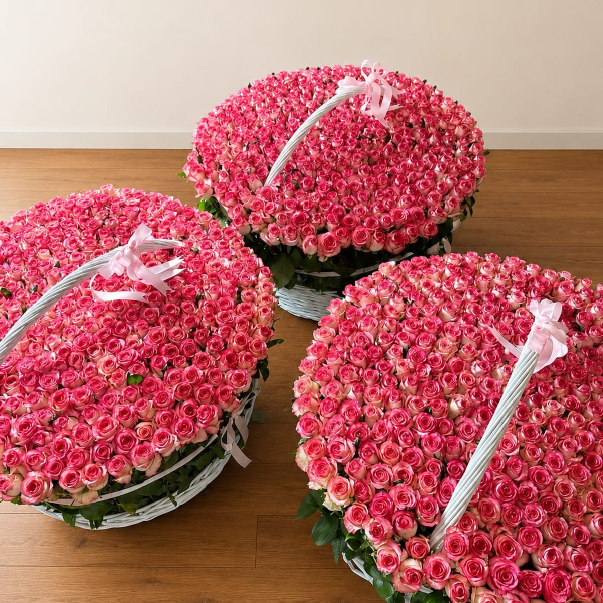 1,500 Pink Double Shade Roses – 3 Luxury Baskets (500 Each) | Dubai