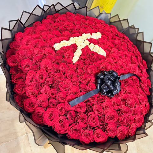 350 Red Roses in Black Wrapping with Custom Letters