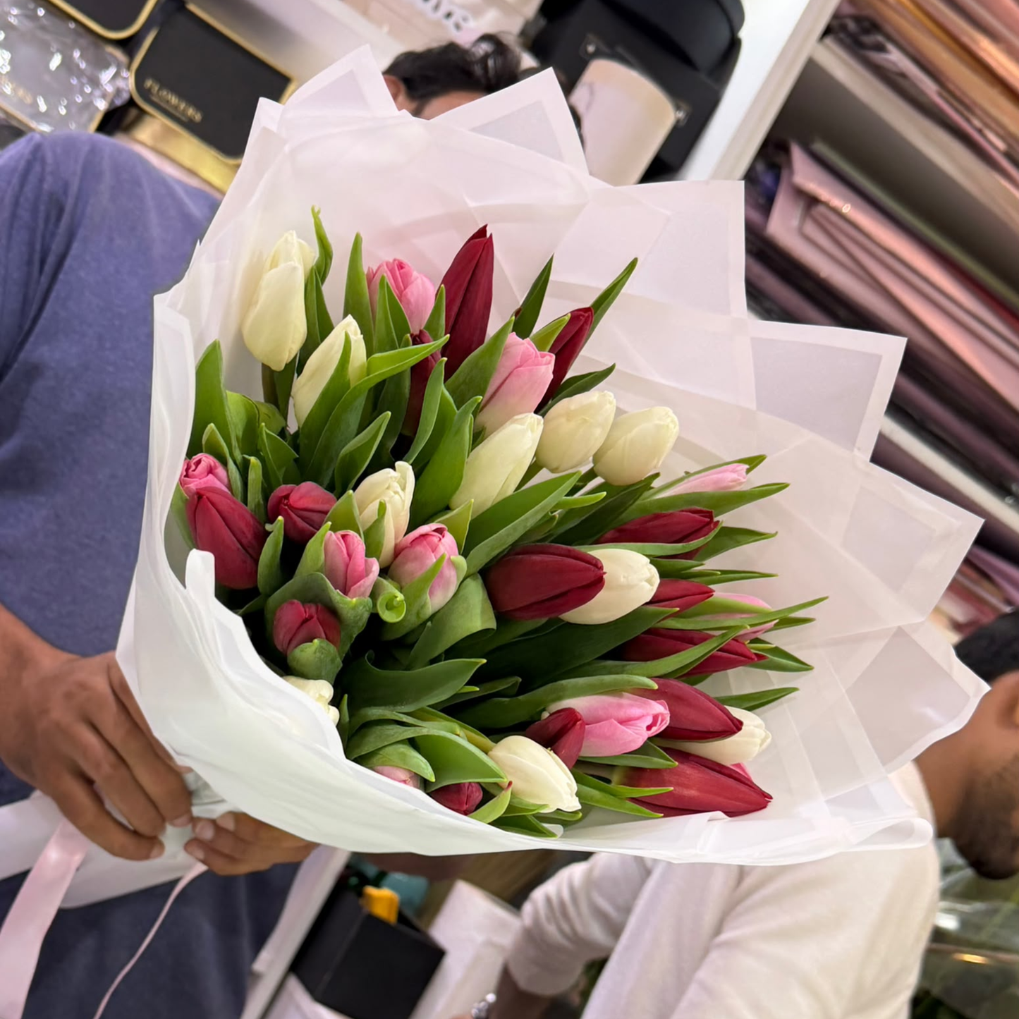 45 Mixed Color Tulips Bouquet Dubai | Burgundy, Pink & White Tulips