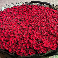 Large bouquet of red roses in a black container.