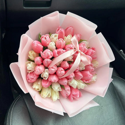 50 Pink & White Tulip Bouquet Fresh Flower Delivery Dubai