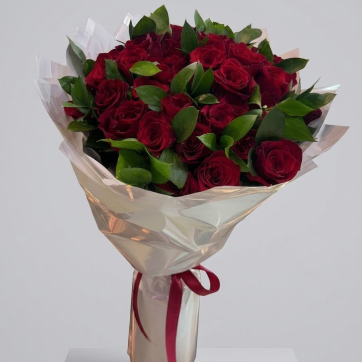 50 Red Roses with Single Ruscus Leaf