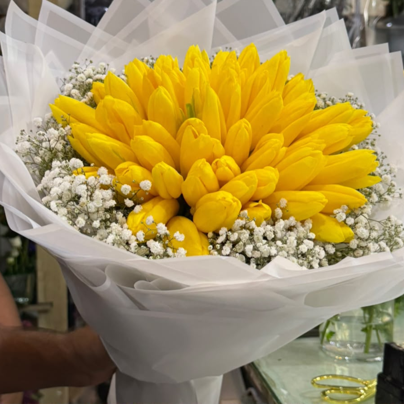 Yellow Tulips with White Gypsophila Dubai | Luxury Tulip Bouquet