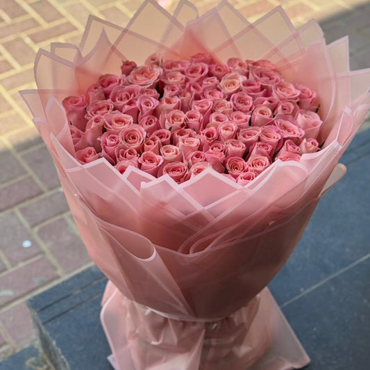 70 Pink Roses – Pink Wrapping | Monochrome Luxury Bouquet | Same-Day Delivery Dubai | Flower DXB