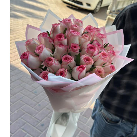 Pink & White Double Shade Roses – Light Pink Wrapping | Bi-Color Bouquet | Same-Day Delivery Dubai | Flower DXB