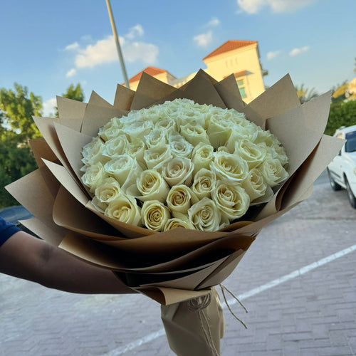 50 White Roses – Brown Wrapping | Rustic Luxury Bouquet | Same-Day Delivery Dubai | Flower DXB
