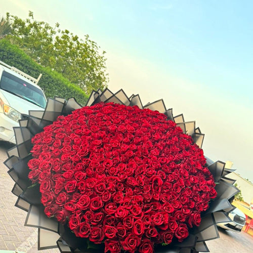400 Red Roses – Black Wrapping | Bold Luxury Bouquet | Same-Day Delivery Dubai | Flower DXB