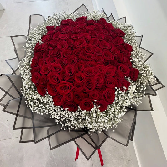 100 Red Roses – Titan Black Wrapping | Same-Day Delivery Dubai | Flower DXB