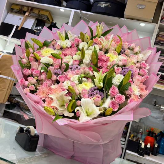 Large Mixed Flower Bouquet with Lilies Baby Roses and Carnations