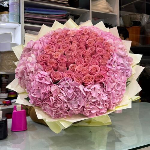 Pink Hydrangea and Pink Rose Bouquet Luxury Fresh Flower Arrangement