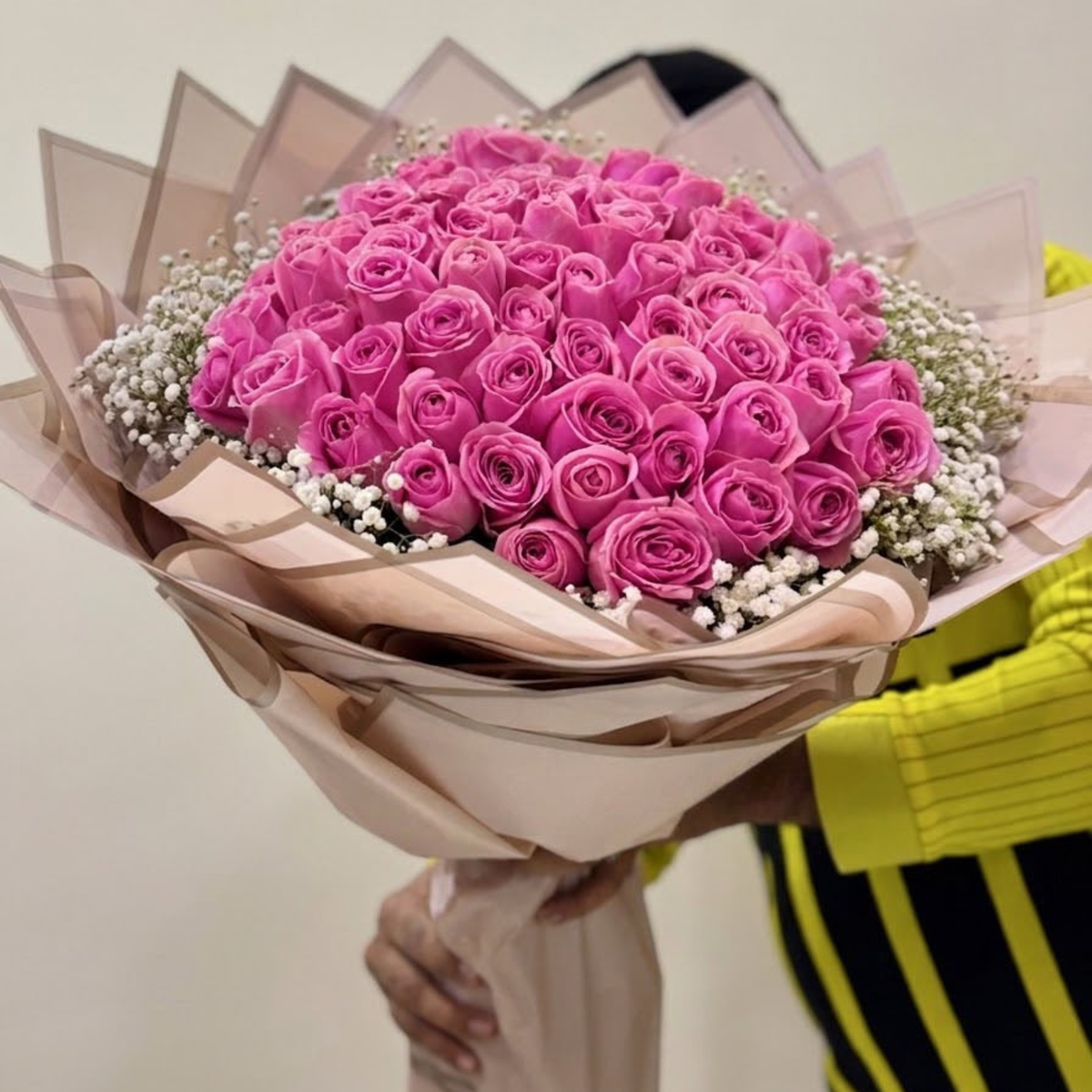 60 Pink Revival Roses with Gypsophilia