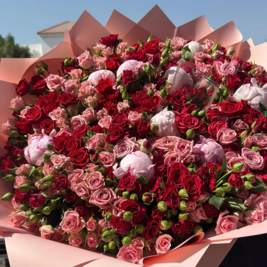 100 Pink & Red Baby Roses with Peonies Bouquet