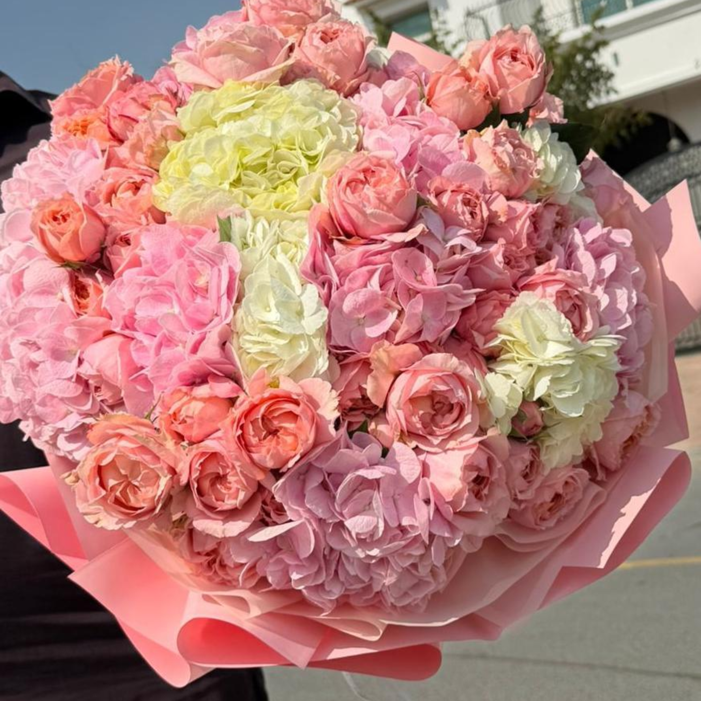 Bombastic Pink Baby Roses & White Hydrangea Bouquet Dubai