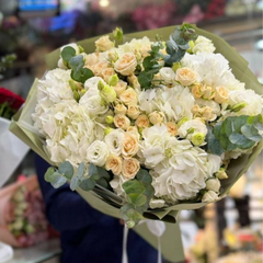 White Hydrangeas, Baby Roses & Peach Eustomas Bouquet Dubai