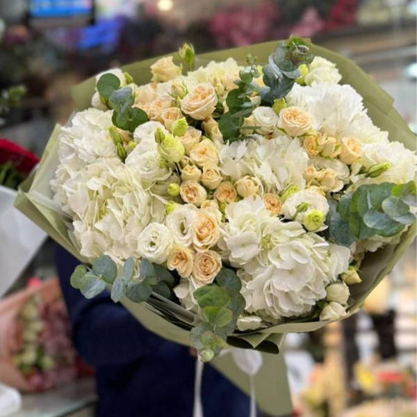 White Hydrangeas, Baby Roses & Peach Eustomas Bouquet Dubai