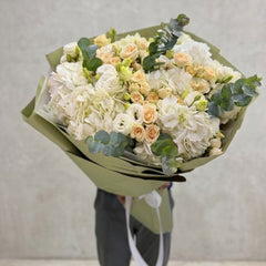 White Hydrangeas, Peach Baby Roses & White Lisianthus – Luxury Bouquet | Women's Day Dubai