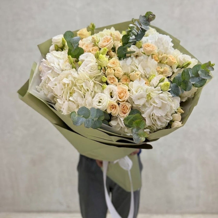 White Hydrangeas, Peach Baby Roses & White Lisianthus – Luxury Bouquet | Women's Day Dubai