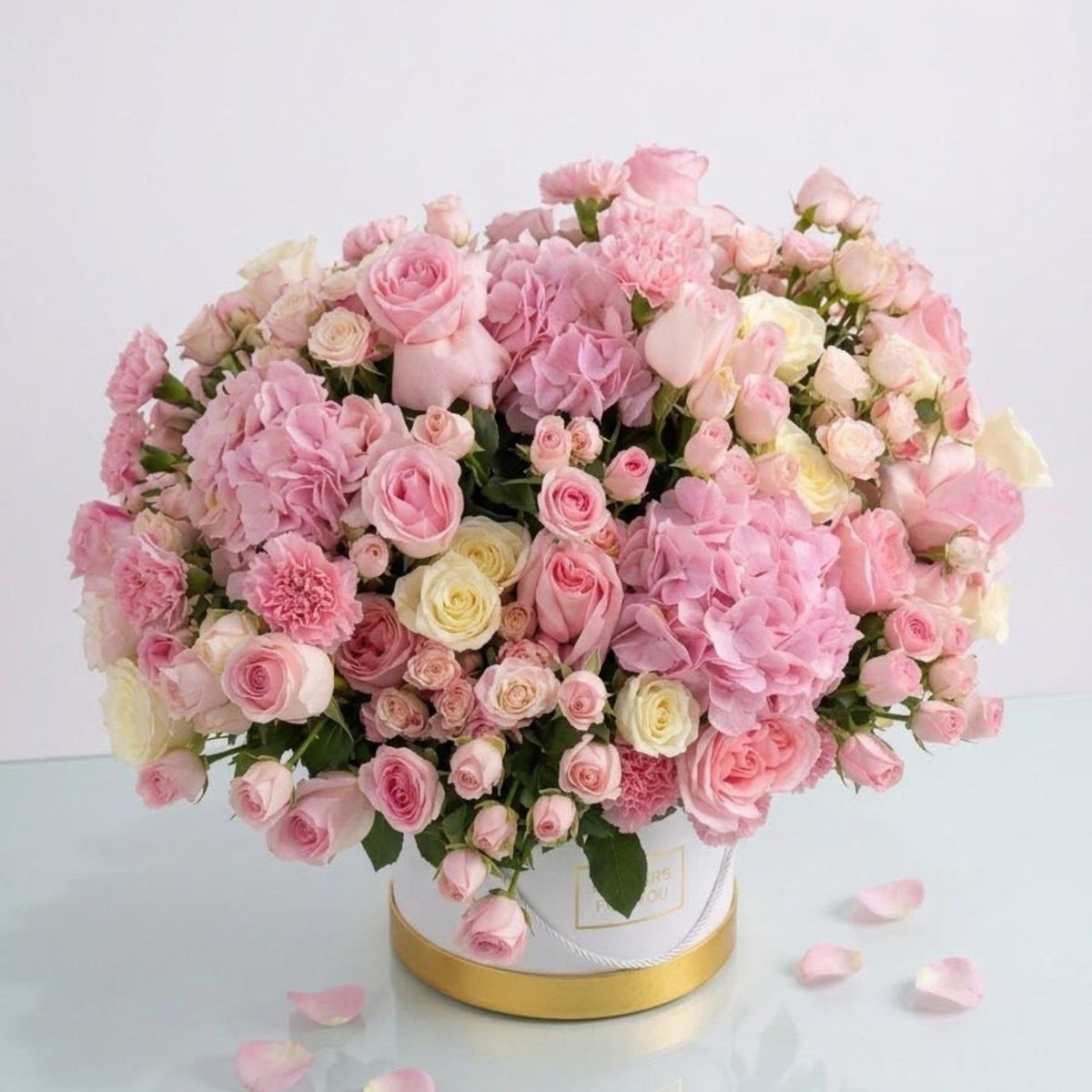 White Roses, Pink Baby Roses & Pink Hydrangeas – Luxury Mix Box | Women's Day Dubai